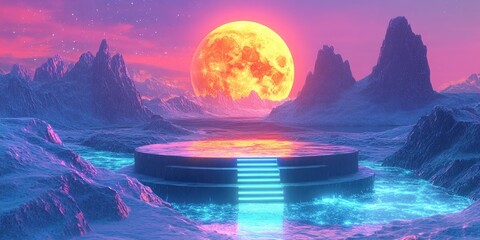 Canvas Print - A Neon-Lit Platform in a Surreal Alien Landscape Under a Giant Yellow Moon