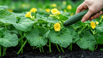 Sticker - A gardener picks ripe cucumbers amid blooming yellow flowers in a thriving garden, showcasing the abundance of fresh produce during the growing season