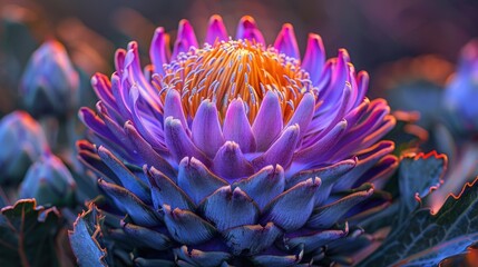 Aufkleber - A stunning artichoke flower blooms, showcasing vivid purple petals and bright orange centers against a backdrop of green foliage during the golden hour