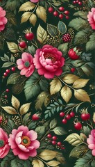 Poster - This artwork displays an elaborate floral design with roses, berries, and lush foliage against a dark backdrop, creating a vibrant and striking visual