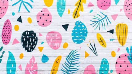 Poster - A bright, colorful mural showcases various patterns and shapes in pink, blue, green, and black against a white brick backdrop