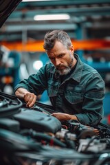 Skilled bearded mechanic inspecting car engine in professional auto repair workshop with various tools