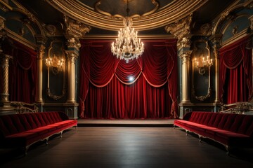 Aufkleber - A grand theater interior showcases rich red drapes, ornate furnishings, and an exquisite chandelier illuminated under soft lighting
