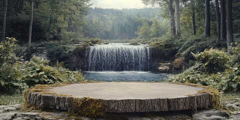 Sticker - A Wooden Platform Overlooking a Waterfall in a Lush Forest