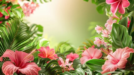 Poster - A beautiful arrangement of pink hibiscus flowers and green foliage creates a serene atmosphere in a tropical garden at dawn