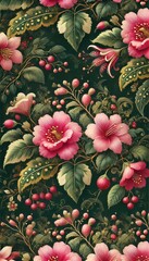 Poster - A beautiful arrangement of pink flowers and green leaves intricately designed against a dark background