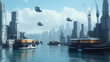 © 2B - Autonomous cargo ship navigating through a busy seaport, showcasing the future of maritime transportation, The composition highlights the sleek and modern design of the cargo ship