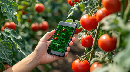 Poster - A person holds a smartphone showing a close-up of tomatoes while surrounded by vibrant tomato plants under a clear blue sky