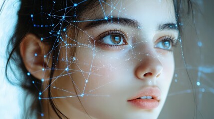 Poster - A young woman gazes contemplatively, with a glowing digital network overlay illuminating her features against a serene background