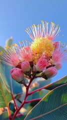 Poster - Vibrant pink and yellow eucalyptus flowers bloom against a clear blue sky, showcasing nature's beauty in a serene environment