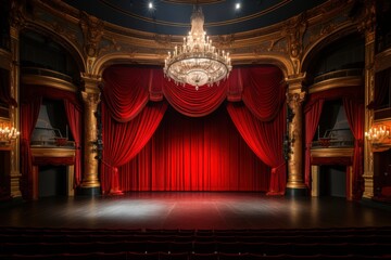 Aufkleber - A grand stage is adorned with red curtains and a stunning chandelier, setting the scene for an upcoming performance in an ornate theater