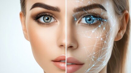 Poster - A young woman poses with half her face showing natural features and the other half transformed into a digital, enhanced version