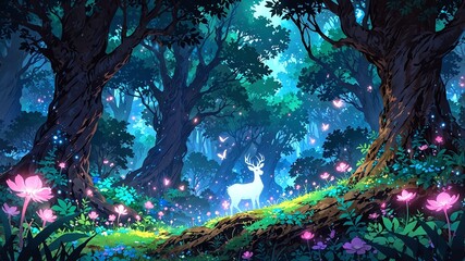 Wall Mural - enchanted forest magical forest with glowing flora and flat anime