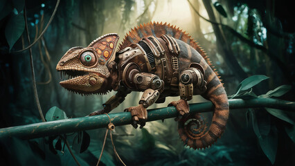 Wall Mural - close-up illustration of a steampunk-inspired mechanical chameleon in the jungle