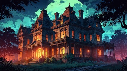 Wall Mural - haunted mansion spooky abandoned mansion with eerie at flat anime