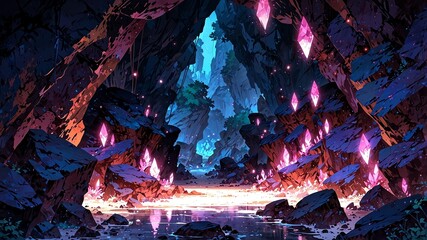 mysterious caverns deep caves with glowing crystals flat anime