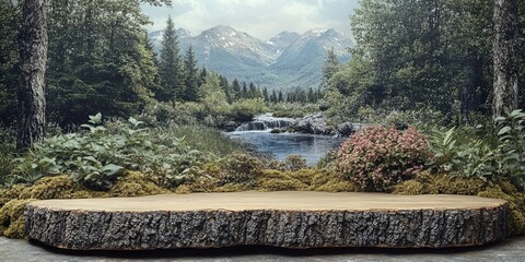 Poster - Wooden Tree Stump Display in a Forest Setting