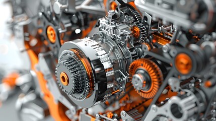 Wall Mural - Detailed exploded view of a hybrid engine, featuring a mix of mechanical and electronic components in a 3D space