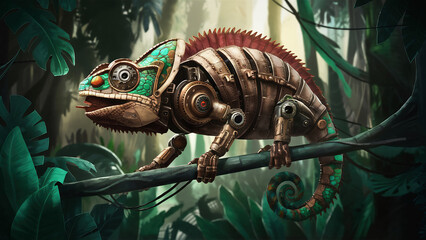 Wall Mural - close-up illustration of a steampunk-inspired mechanical chameleon in the jungle