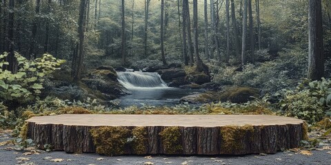 Canvas Print - Tree Stump Platform in a Tranquil Forest Setting with a Waterfall