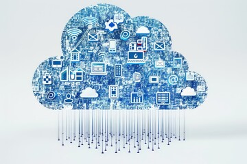 Poster - A digital representation of cloud computing features various icons symbolizing technology and connectivity