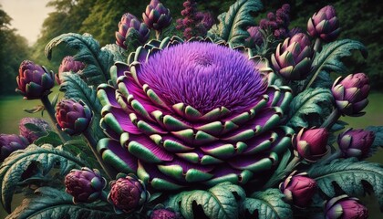 Aufkleber - A stunning purple artichoke flower blossoms among dark green leaves and purple buds under gentle sunlight in a vibrant garden