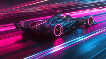 Aufkleber - A sleek racing car accelerates through vibrant, neon-lit city streets, leaving a trail of light as it navigates the roads at night.