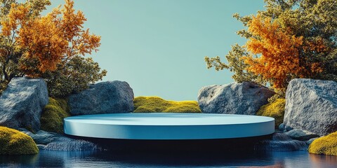 Poster - Blue Circular Platform Floating on Water Surrounded by Rocks and Fall Foliage