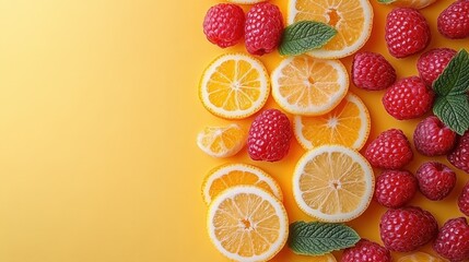 Aufkleber - Slices of lemons and clusters of raspberries are artfully arranged against a vibrant yellow backdrop, highlighting their freshness and color contrast