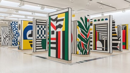 Aufkleber - Visitors explore a striking installation of tall columns adorned with bold colors and graphic designs in a contemporary art gallery