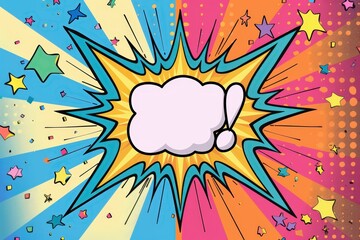 Poster - A vibrant background showcasing a large speech bubble and colorful stars set against a dynamic blue and orange explosion pattern