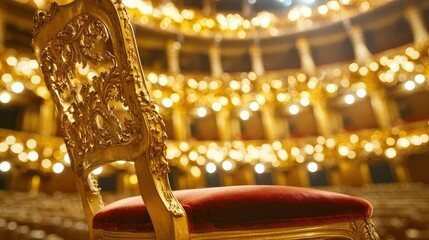 Aufkleber - An ornate gold chair sits in a historic theater, illuminated by warm lights, creating a captivating atmosphere for an evening performance