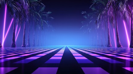 Aufkleber - A neon pathway leads into a misty background, framed by palm trees, creating a vibrant atmosphere with dynamic lighting and deep colors