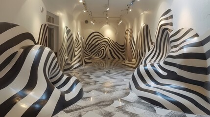 Poster - Visitors explore a contemporary art installation featuring dynamic black and white striped forms and unique textured surfaces
