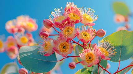 Poster - Delicate eucalyptus flowers with pink and yellow hues bloom vibrantly against a clear blue sky in the springtime, showcasing nature's beauty