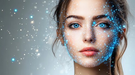 Poster - A young woman stares intently as digital patterns and glowing elements animate her face, blending face ID technology and beauty in a modern setting