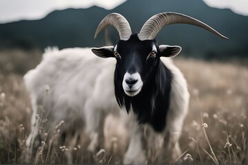 Wall Mural - black goat isolated path clipping head funny silly cut-out domestic animal mammal1 face zoo farm grimace looking stare curious cute interest chew surprise closeup portrait demonic strange weird