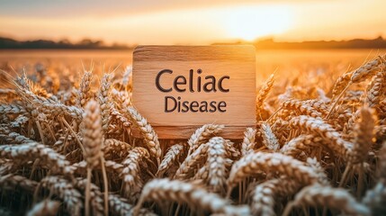 Aufkleber - A sign reading Celiac Disease stands in a field of golden wheat as the sun sets, highlighting the connection between wheat and the condition