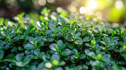 Sticker - Dew drops glisten on vibrant green leaves as sunlight filters through, creating a serene atmosphere in a garden during the early morning