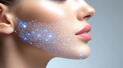 Poster - A woman’s profile displays a digital mapping of facial features with glowing connections, emphasizing modern beauty technology and skin enhancements