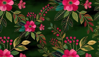 Canvas Print - A colorful arrangement of pink flowers and green leaves creates a striking contrast against a dark backdrop, showcasing intricate details and vibrant hues