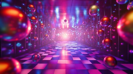 Fototapete - A surreal hallway illuminated with colorful lights and floating spheres creates a mesmerizing atmosphere