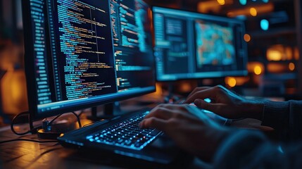 Poster - A person types code on a backlit keyboard, focused on two monitors filled with colorful programming languages in a cozy, low-light environment