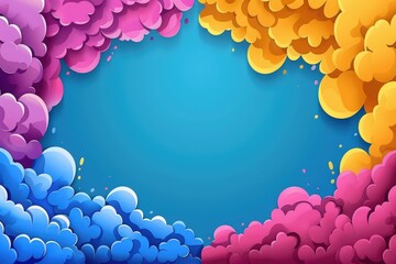 Leinwandbilder - Bright clouds in pink, blue, and yellow create an artistic frame against a serene blue sky, perfect for backgrounds or design projects