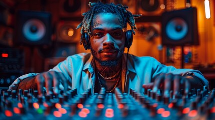 Young Music Producer Mixing Tracks in Vibrant Studio With Colorful Lights at Night