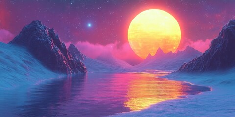 Poster - A large yellow sun sets over a snowy, mountainous landscape.