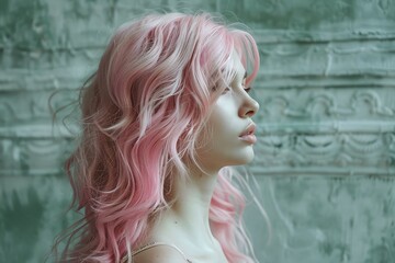Poster - A young woman with wavy pink hair gazes thoughtfully while posed against an intricate vintage wall, creating an ethereal atmosphere