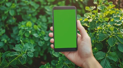 Wall Mural - A hand holds a smartphone displaying a blank green screen, set against vibrant greenery in natural daylight