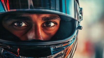 Aufkleber - A race car driver gazes intensely through a helmet visor, focusing on the upcoming challenge, showcasing determination and readiness on the track.