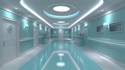 Poster - A sleek corridor showcases a teal color scheme, illuminated ceiling fixtures, and a glossy floor reflecting the stylish design of the contemporary building